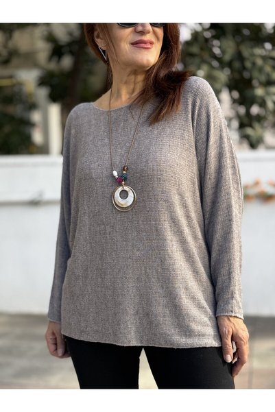 DenizEge Italian Round-Neck Basket-Weave Textured Knit in Taupe Color