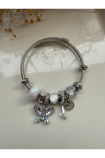 Blotch Silver Bracelet with Zircon Stones and Beads, Butterfly Detail