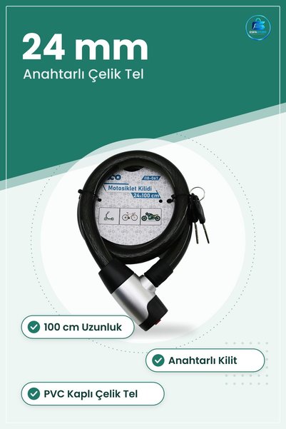 TARER Motosiklet Kilidi Çelik Tel 24 mm x 100 cm Anahtarlı PVC Kaplı Bisiklet Scooter Park Güvenlik