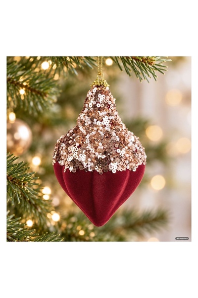 OEM Ornament Bordo din catifea paiete 13 cm, pentru brad și decor de sărbători
