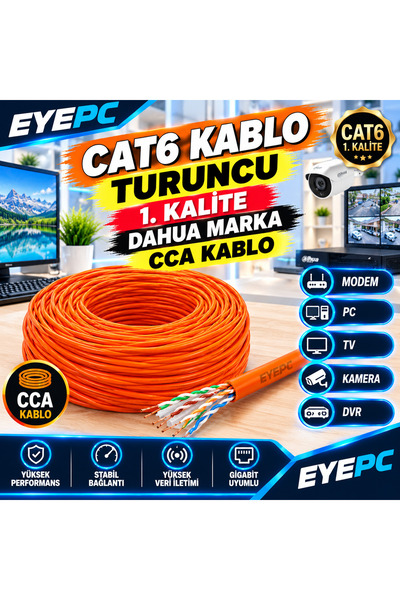 EYE PC 120 MT TURUNCU CAT6 KABLO MODEM PC DVR KAMERA TV LAPTOP UYUMLU TV PLUS + 1. KALİTE UÇLARI TAKILI TEST EDİLDİ