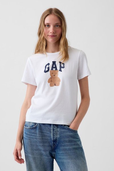 GAP Tricou de damă cu imprimeu vintage, guler rotund, mânecă scurtă, alb, 100...