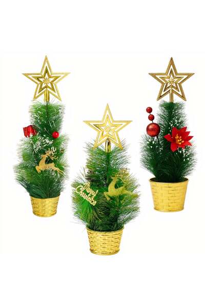 OEM Brad Decorativ 35cm de Crăciun, în Ghiveci Auriu cu Ornamente, Diferite M...