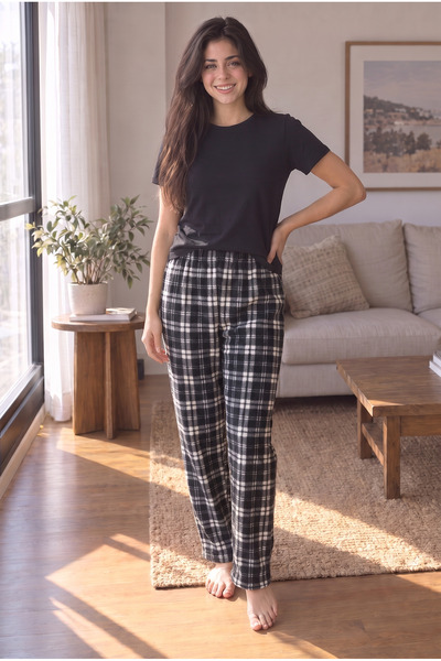 Yediler Tekstil Kadın Rahat Kalıp Yüksek Ekose Desenli Yumuşak Polar Pijama Altı