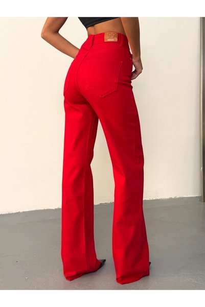 HerTon Women's High Cross Buttoned Wide Leg Jean Trousers