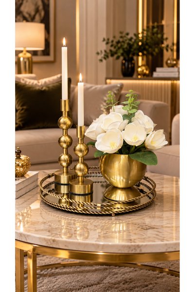 Hinora Home طقم كونسول مكون من 4 قطع، بتصميم عتيق، مزين بمرآة ذهبية وصينية مس...