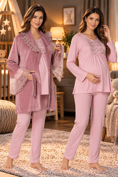 by İGP Effortt Adjustable Velvet Maternity and Postpartum Pajama Set with Robe