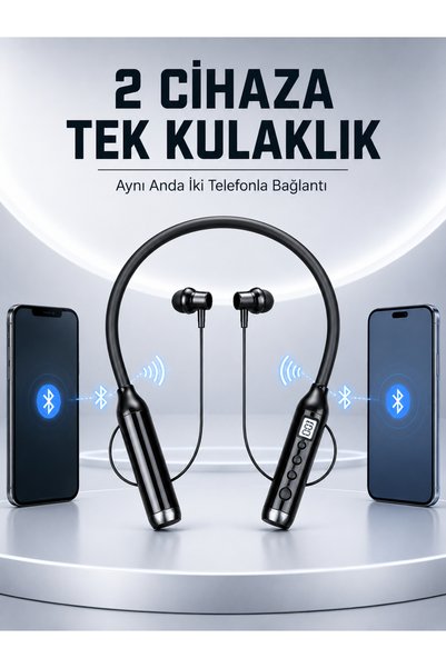 tecnocom Boyun Bantlı Bluetooth Kulaklık Dijital Ekranlı Mikrofonlu Çift Telefon