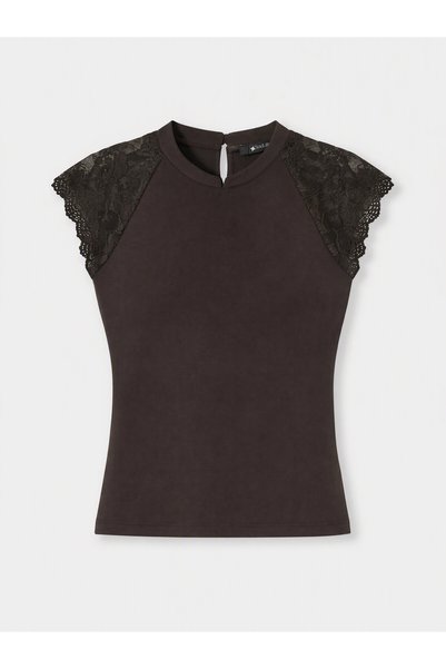 LC Waikiki Soulife Brown Jersey Plain Mock Neck Short-Sleeve Women's Blouse—T...