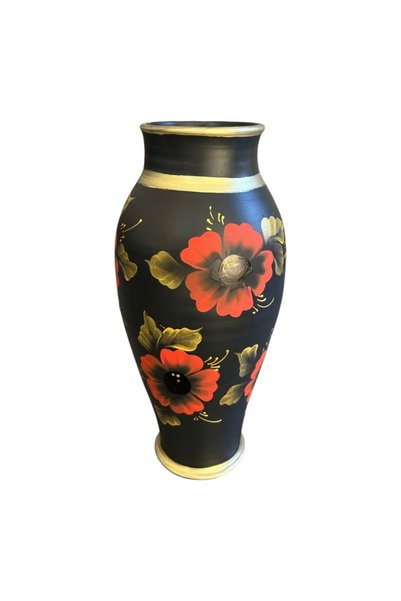Ceramica Martinescu Vaza mare neagra, 40 cm, pictata manual cu maci rosii, de...
