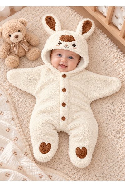 EMSTA BABY KUZU DESENLİ 0-6 ay PELUŞ WELSOFT KIŞLIK BEBEK TULUM-KAPİŞONLU