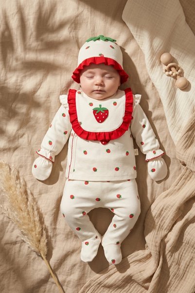 ANP MODA TASARIM 5-Piece 100% Cotton Strawberry-Print Girl Baby Hospital Outf...