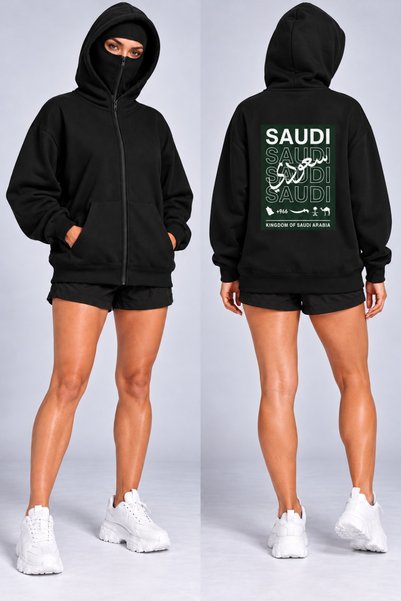 HAI COLLECTİON Saudi-Style Black Oversized Zipper Hooded Cardigan, Unisex