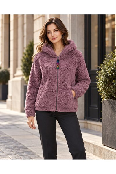 Findify Store Women's Hooded Zipper Plush Jacket, Oversized Soft-Textured Win...