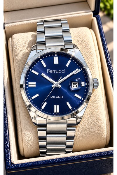Ferrucci MEN'S WATCH WITH A NAVY BLUE DIAL AND DATE FUNCTION, SILVER-COLORED ...