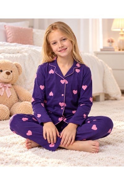 vitmo Girls' Pajama Set | 100% Cotton, Purple and Pink Patterned, Button-Fron...