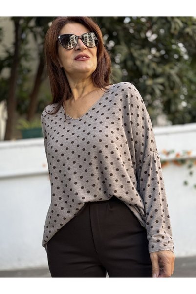 DenizEge Italian Angora Polka Dot Ribbed Sweater, Latte