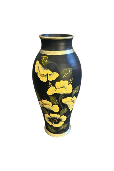 Ceramica Martinescu Vaza mare neagra, 40 cm, pictata manual, decor floral aur...