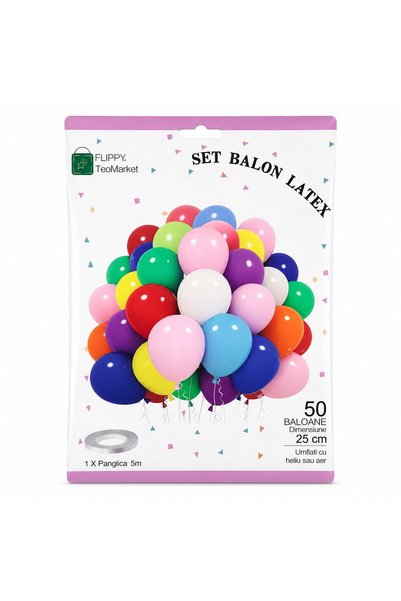 OEM Set 50 Baloane din Latex, Model Party, 25 cm, Multicolore, 2.4 g, decor p...