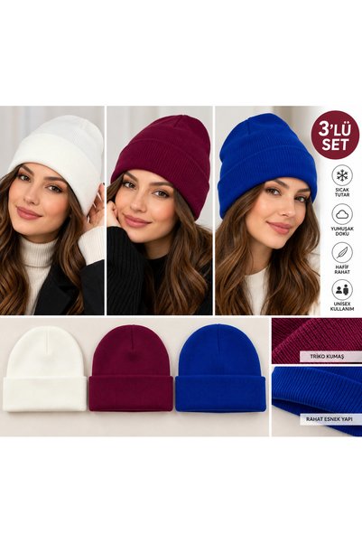 CNR TEKSTİL 3-Piece Unisex Knit Beanie Set – Ecru, Burgundy, Cobalt Blue – Fo...