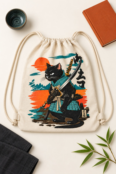 KRAFTELLA Unisex Cream Linen-String Backpack with Samurai Cat Print, 40x50 cm