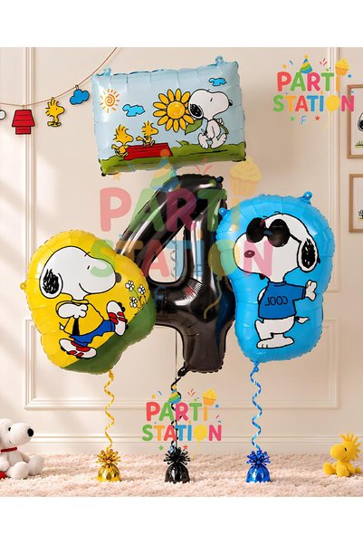 Parti Station Snopy Dog-Themed 4-Year-Old Balloon Set, 4-Piece Snopy Foil Bal...
