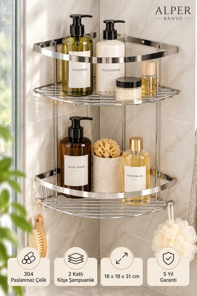 Alper Banyo 2-Tier Corner Bathroom Shampoo Holder, 304 Stainless Steel, Adhes...
