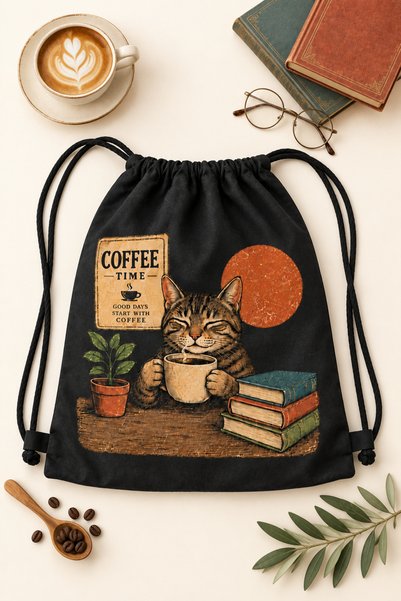 KRAFTELLA Coffee Time Black Canvas Backpack with Cat Print and Drawstrings, U...