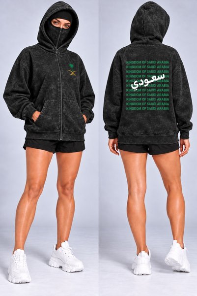 HAI COLLECTİON Black Oversized Zipper Hooded Cardigan, Unisex Printed Hoodie