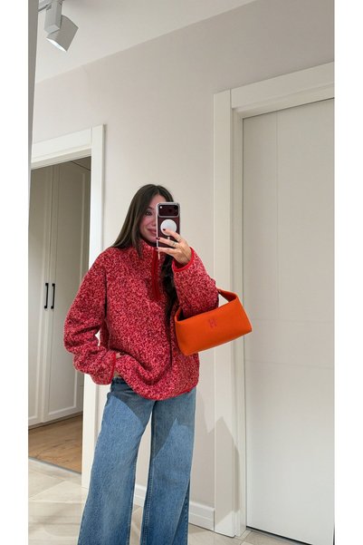 manana fashion سويت شيرت من الصوف الناعم بنقشة منقطة وسحاب نصفي.
