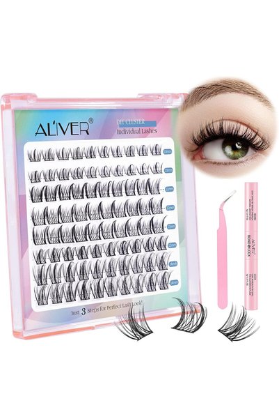 ALİVER مجموعة تركيب رموش اصطناعية DIY، 80 قطعة من رموش الكلاستر مع لاصق قوي و...