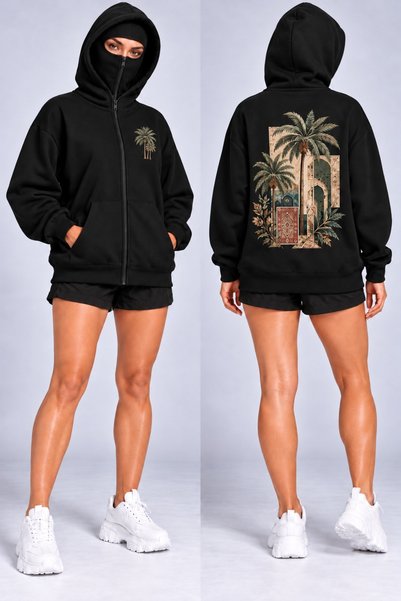 HAI COLLECTİON Black Oversized Zipper-Front Hooded Cardigan with Palm Tree Pr...