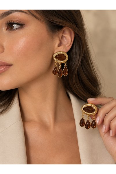 MODA أقراط متدلية ذهبية اللون مرصعة بالحجارة البنية – تصميم أنيق عتيق، أقراط ...