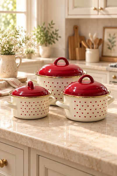 Funny Life 3-Piece Patterned Enamel Cookware Set - 6-Piece Cream-Colored Cook...