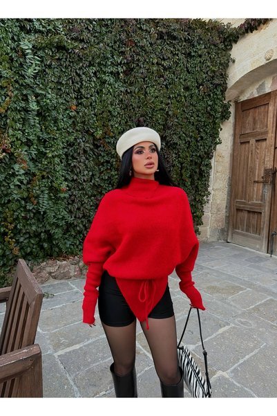 kırmızı butiks Red Sweater with a Shawl Collar with a Tie-Detail