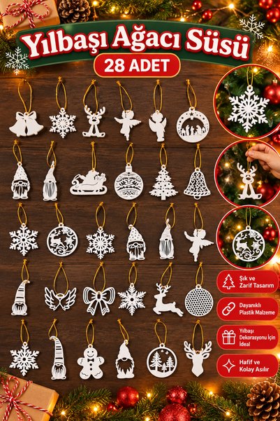 Aydede Oyunevi New Year's Tree Ornaments, Set of 28, White Plastic Fir Tree O...