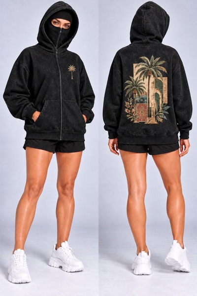 HAI COLLECTİON Black Oversized Zipper Hooded Cardigan with Palm Tree Print, U...