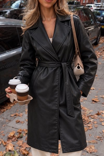 MANMARK Women's Water-Repellent Long Belted Leather Trench Coat