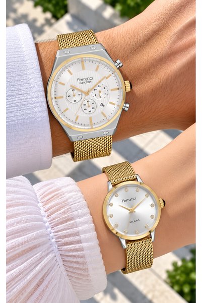 Ferrucci YELLOW WOVEN STEEL BRACELET, WHITE DIAL, COUPLE'S WATCHES + BRACELET