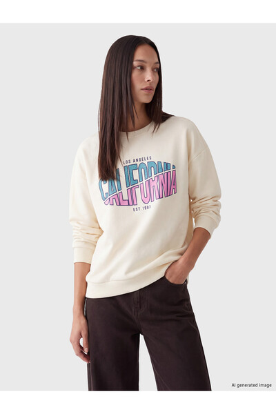 LC Waikiki Nevavm Ecru Oversize Women's Thick Sweatshirt with a Difference