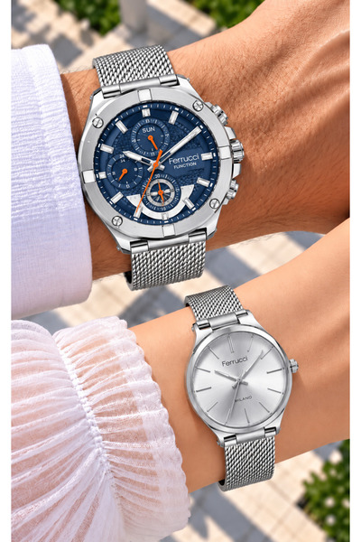 Ferrucci BLUE DIAL, SUNBURST STRAW-FINISH STEEL STRAP, STYLISH BOX SET OF COU...