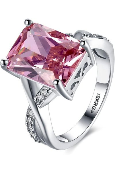 ASKIND Classic Bridal Band Ring for Women, Pink Cubic Zirconia Big Main Stone...