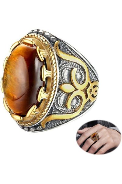 AZONEE Retro Men's Ring, Large Tiger Eye Stone, Turquoise Vintage Design, Ova...
