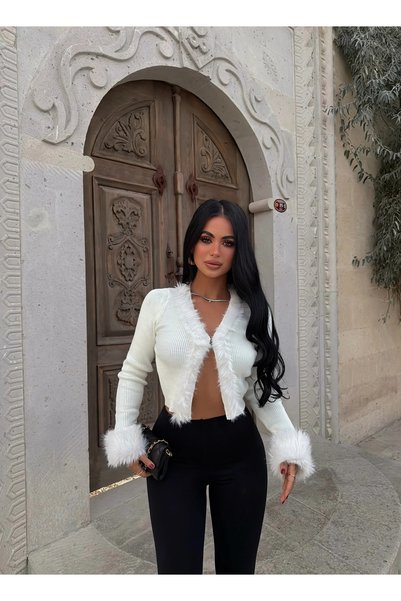 kırmızı butiks Cardigan din tricot cu detalii din blană albă