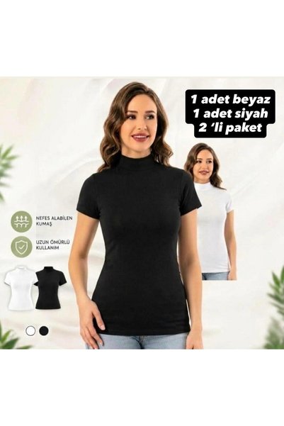 Kadın 2'li Paket Balıkçı Yaka Kısa Kollu Pamuklu Likralı T-Shirt Seti Siyah Beyaz Esnek Rahat Düz Basic Tişört