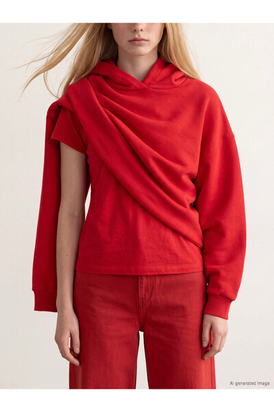 LC Waikiki LCW Vision Red 3-Thread Brushed Inside Plain Loose & Oversized Wom...