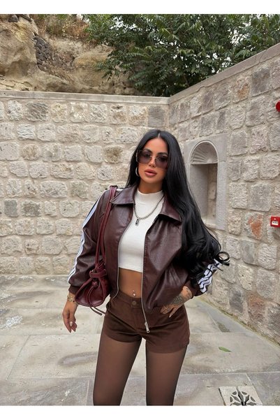 kırmızı butiks Coffee-Colored Retro-Striped Leather Jacket