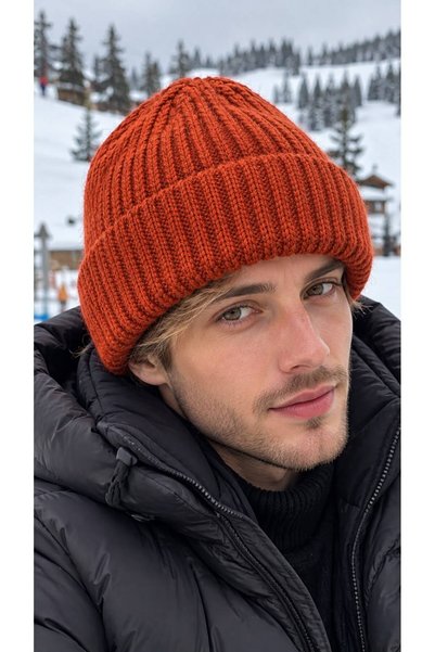 FELLMENS Terracotta Color, Soft-Textured, Corded Fabric Men's Beanie