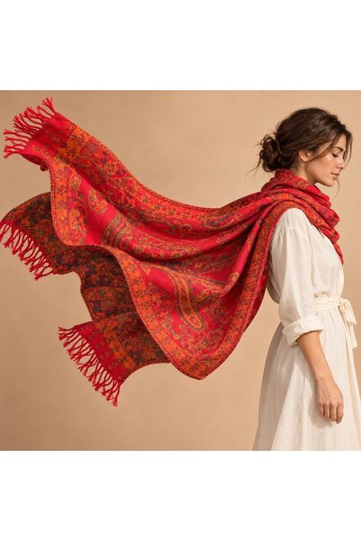 BIJUTERI FLR-5048 Red Paisley-Patterned Reversible Cashmere Shawl | Eos Colle...