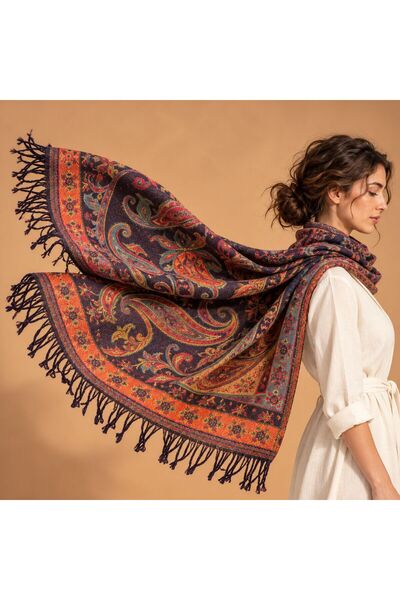 BIJUTERI FLR-5047 Purple and Orange Paisley-Patterned Reversible Cashmere Sha...